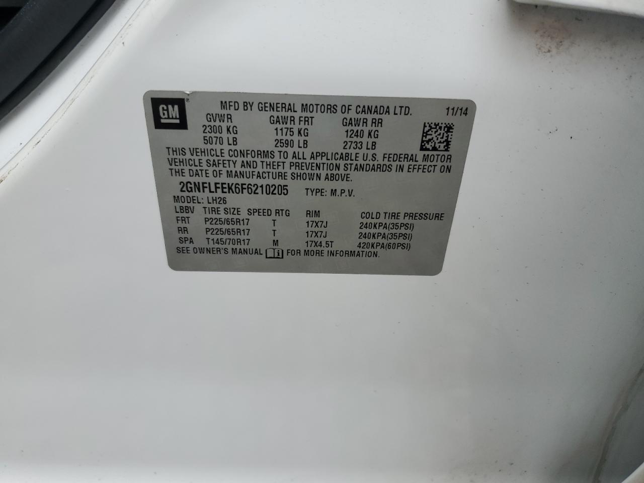 2015 Chevrolet Equinox Lt VIN: 2GNFLFEK6F6210205 Lot: 81745355