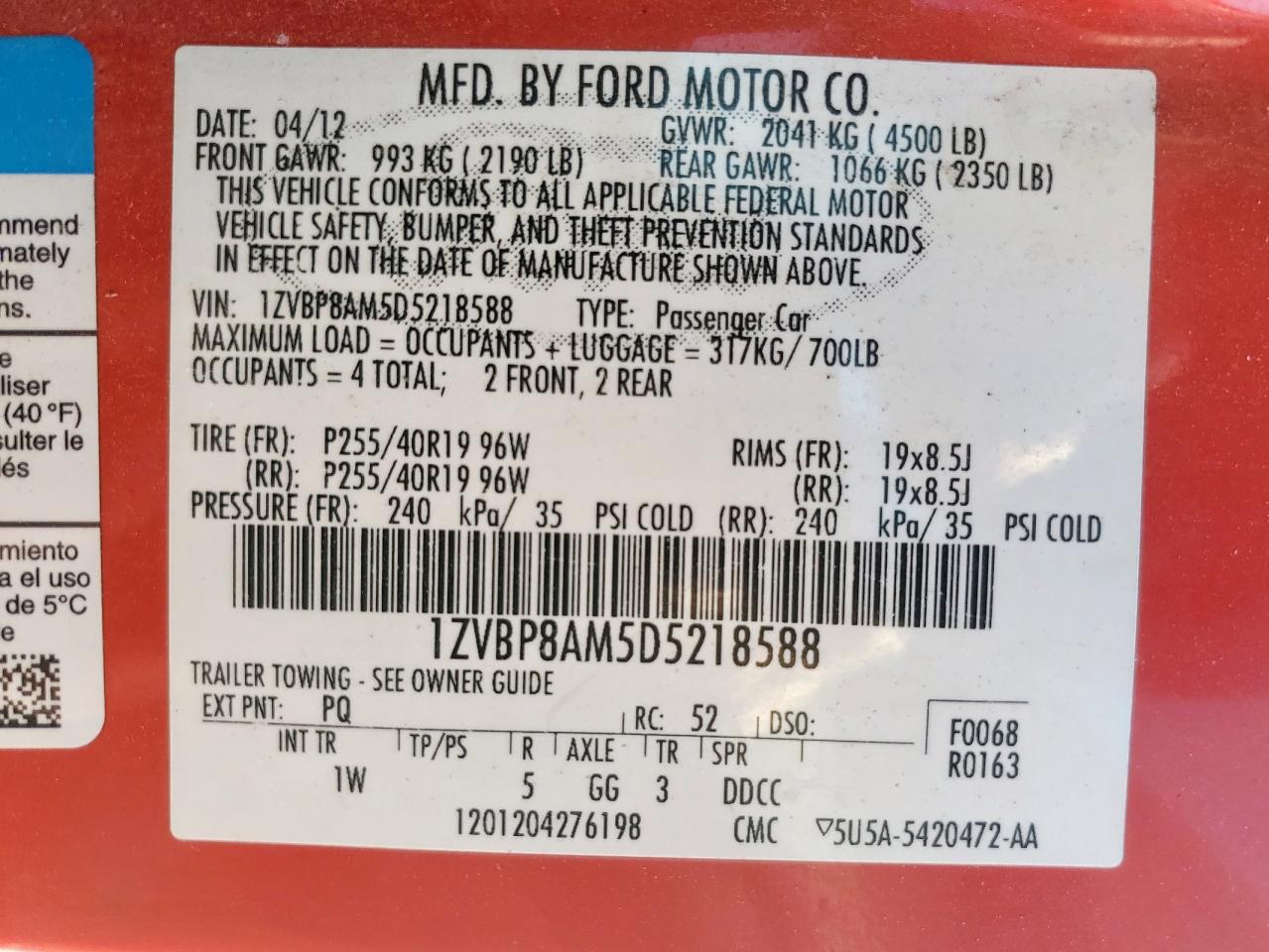 2013 Ford Mustang VIN: 1ZVBP8AM5D5218588 Lot: 80295985