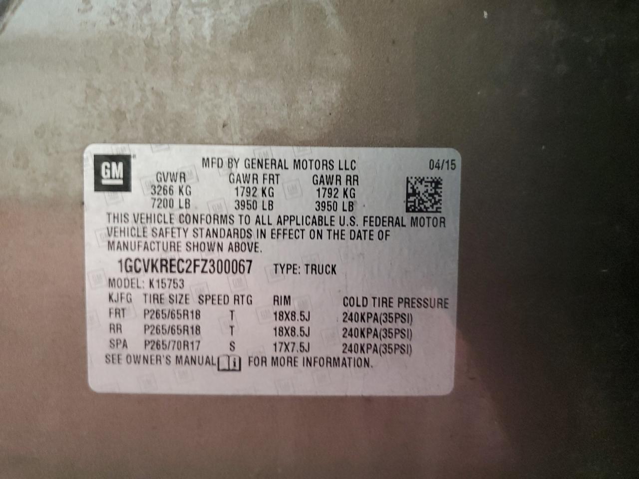 2015 Chevrolet Silverado K1500 Lt VIN: 1GCVKREC2FZ300067 Lot: 84039835