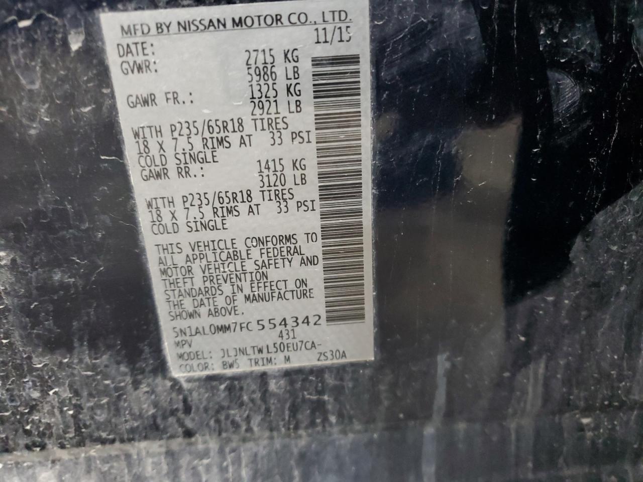 2015 Infiniti Qx60 VIN: 5N1AL0MM7FC554342 Lot: 71433835