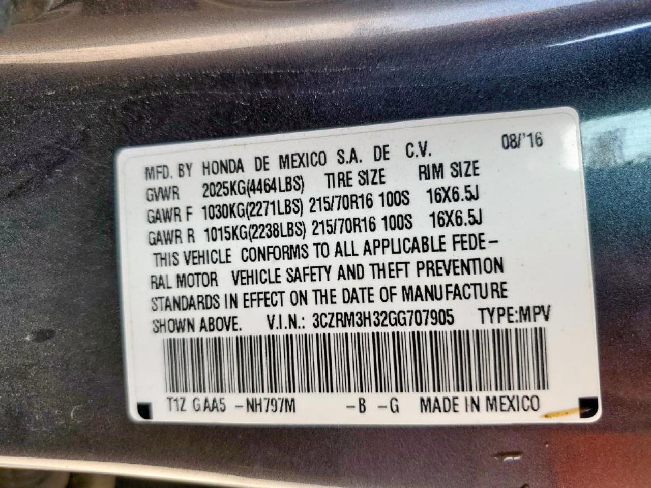 2016 Honda Cr-V Lx VIN: 3CZRM3H32GG707905 Lot: 80845905