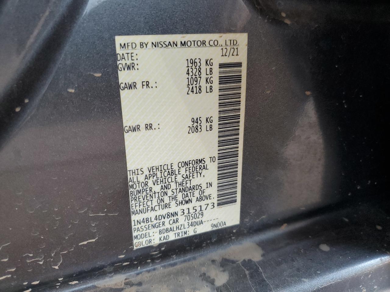 2022 Nissan Altima Sv VIN: 1N4BL4DV8NN315173 Lot: 80926815