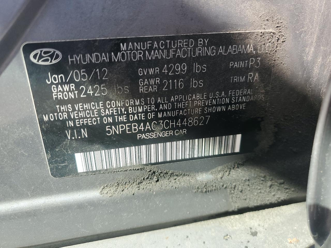 2012 Hyundai Sonata Gls VIN: 5NPEB4AC3CH448627 Lot: 80889155