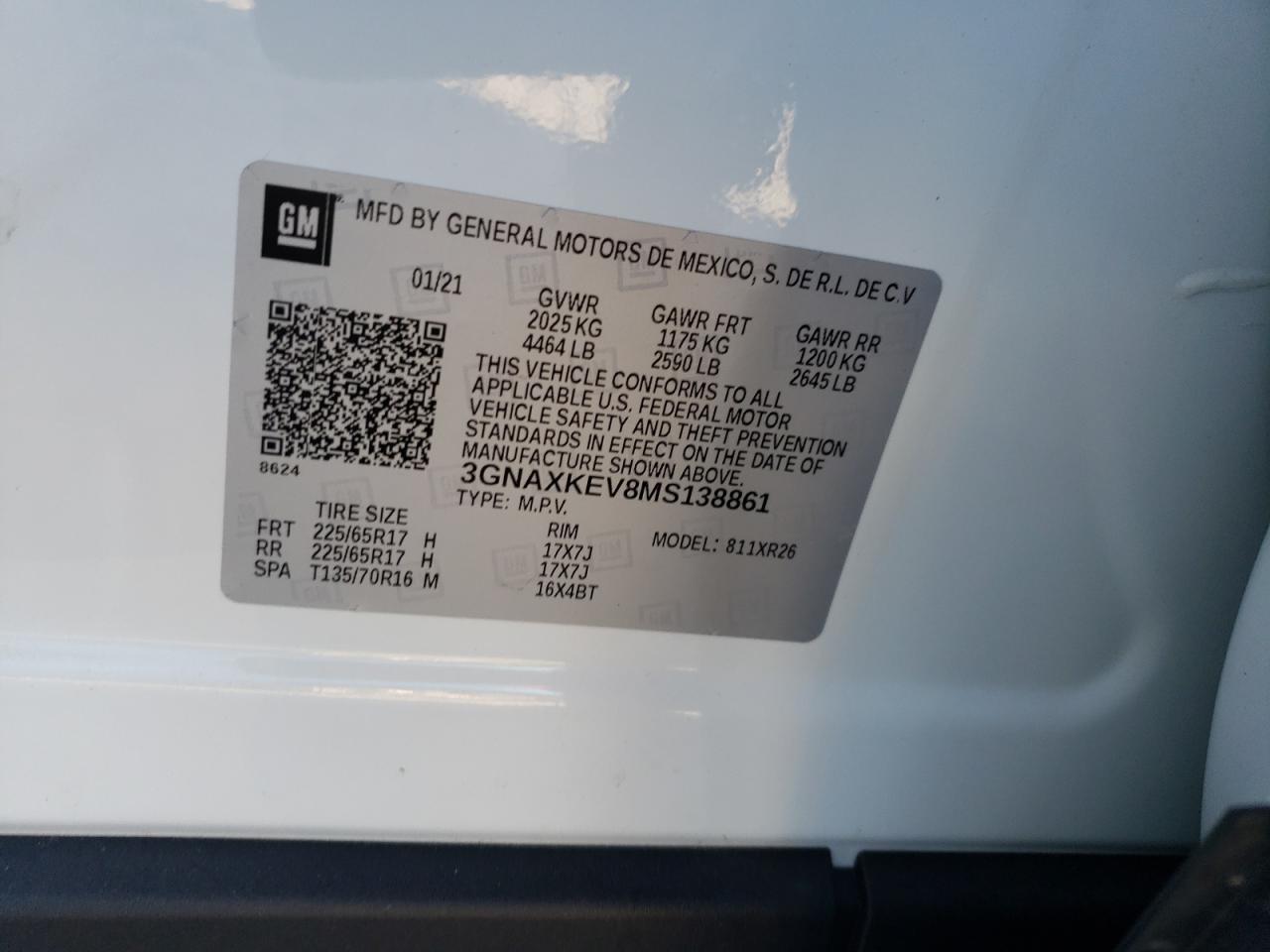 2021 Chevrolet Equinox Lt VIN: 3GNAXKEV8MS138861 Lot: 80355875