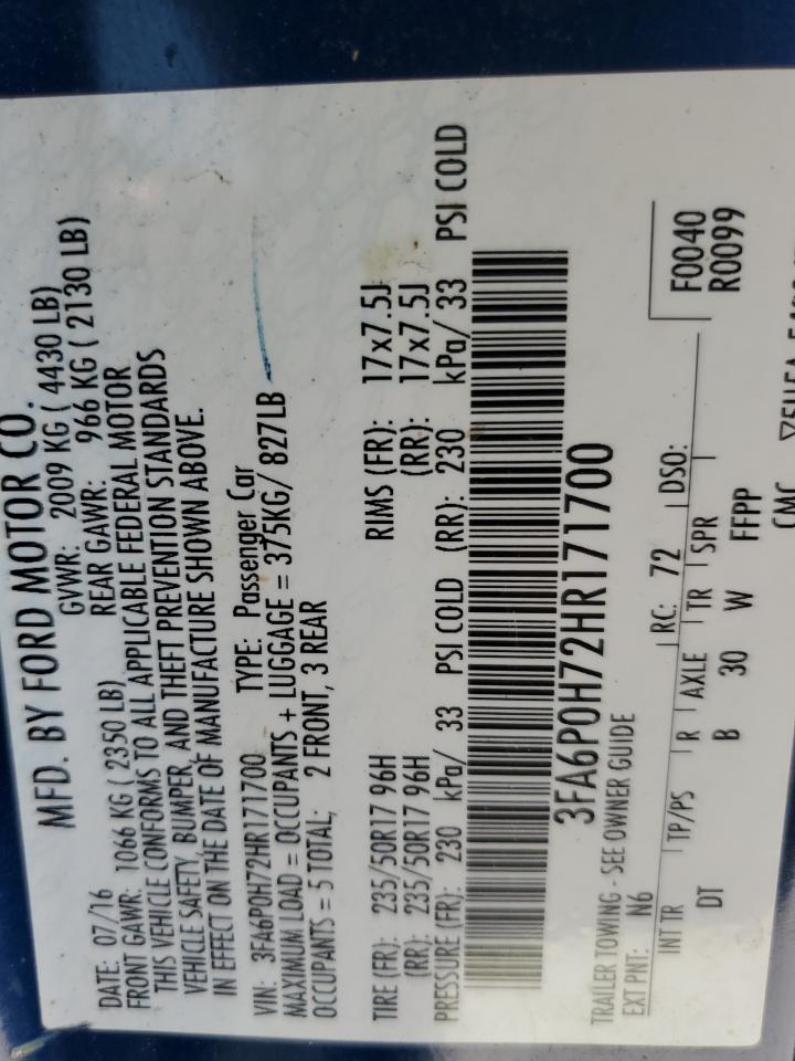 2017 Ford Fusion Se VIN: 3FA6P0H72HR171700 Lot: 80695755