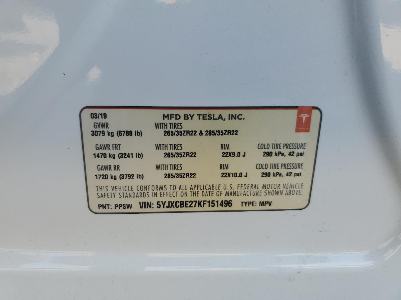 2019 Tesla Model X VIN: 5YJXCBE27KF151496 Lot: 72060855