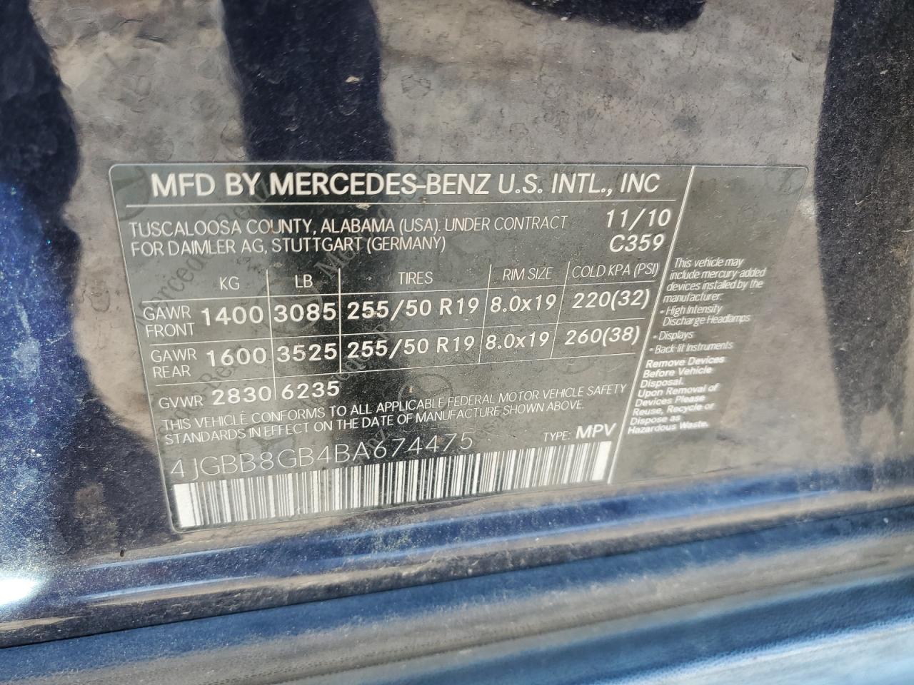 2011 Mercedes-Benz Ml 350 4Matic VIN: 4JGBB8GB4BA674475 Lot: 80029905