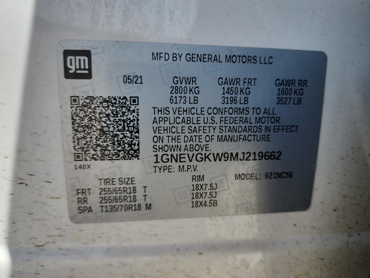 2021 Chevrolet Traverse Lt VIN: 1GNEVGKW9MJ219662 Lot: 80349375