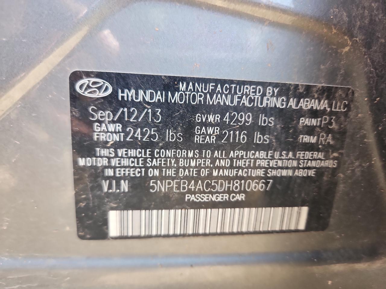 2013 Hyundai Sonata Gls VIN: 5NPEB4AC5DH810667 Lot: 81774755