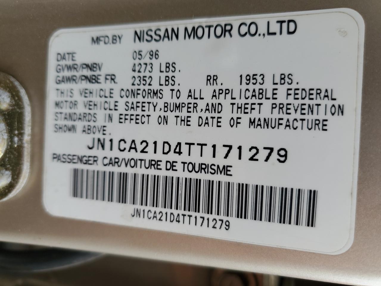 1996 Nissan Maxima VIN: JN1CA21D4TT171279 Lot: 71561455