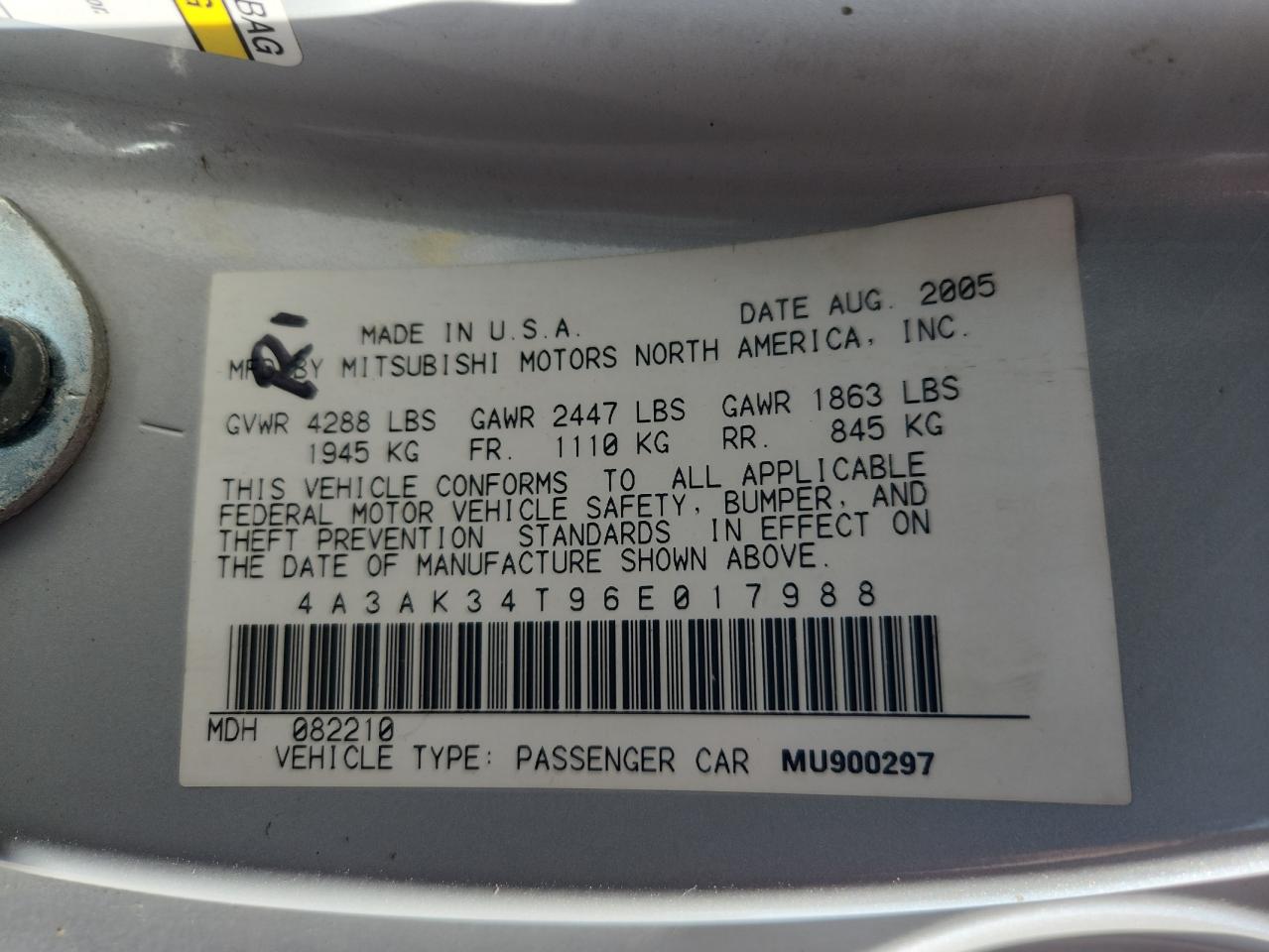 2006 Mitsubishi Eclipse Gt VIN: 4A3AK34T96E017988 Lot: 81120495