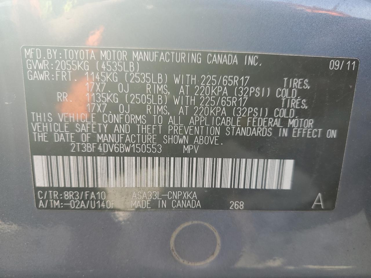 2011 Toyota Rav4 VIN: 2T3BF4DV6BW150553 Lot: 84811755