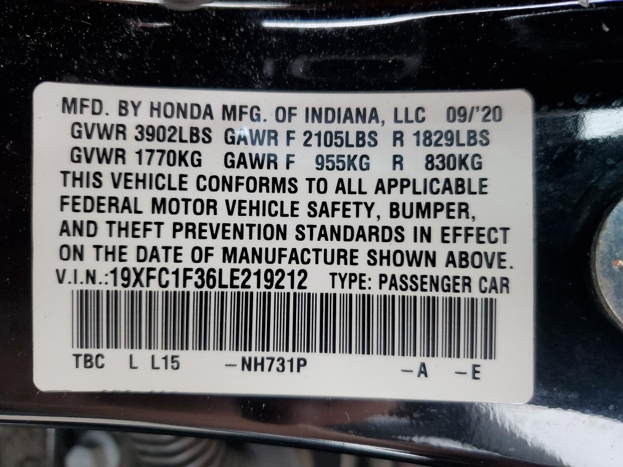 2020 Honda Civic Ex VIN: 19XFC1F36LE219212 Lot: 81263915