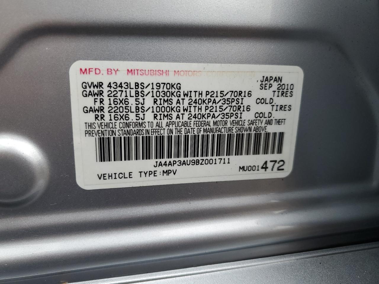 2011 Mitsubishi Outlander Sport Es VIN: JA4AP3AU9BZ001711 Lot: 81822875