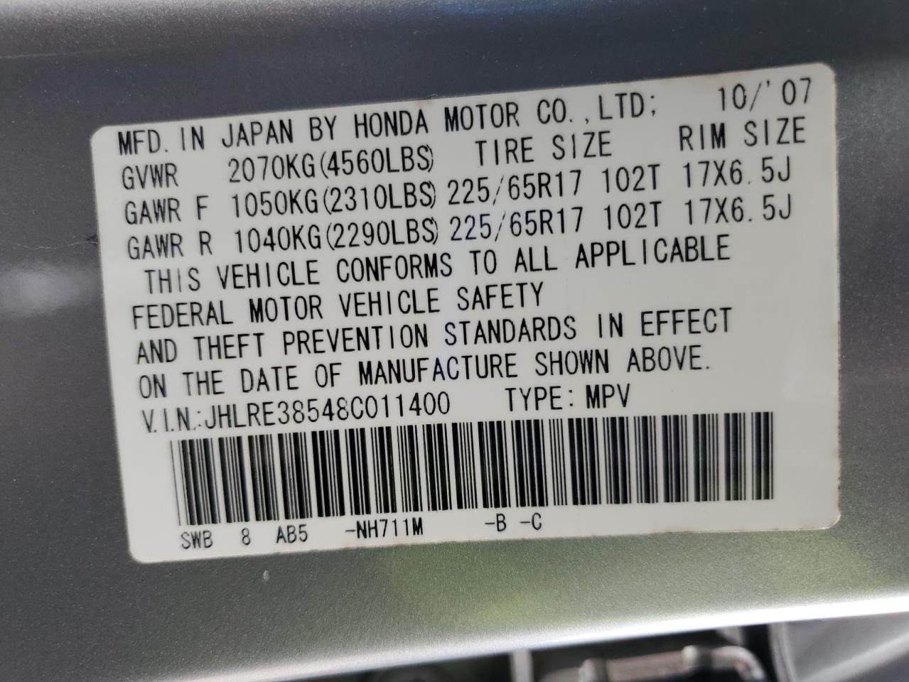 2008 Honda Cr-V Ex VIN: JHLRE38548C011400 Lot: 84016365