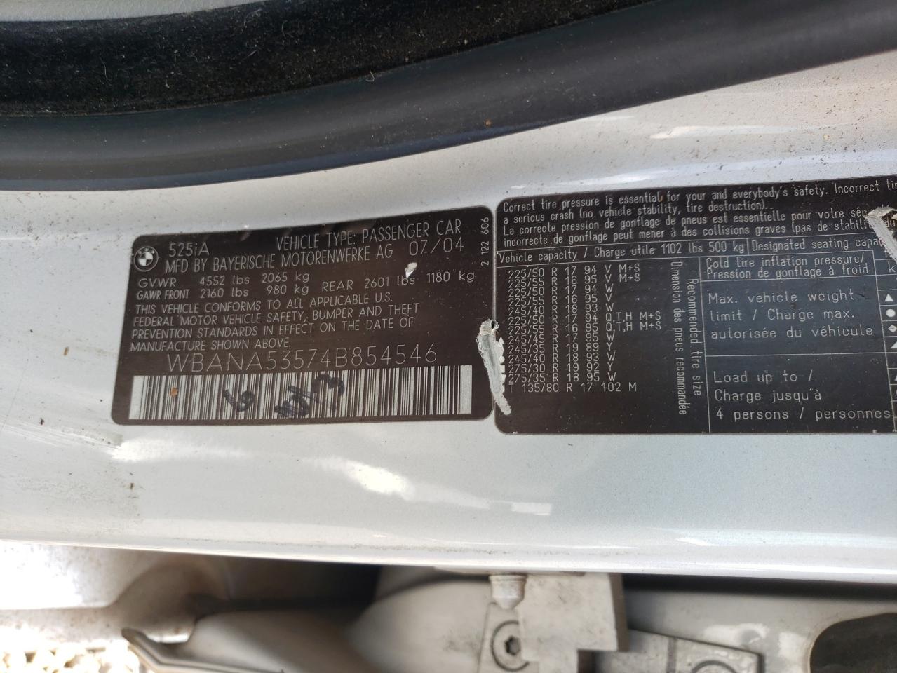 2006 BMW 525 I VIN: WBANA53574B854546 Lot: 80015045