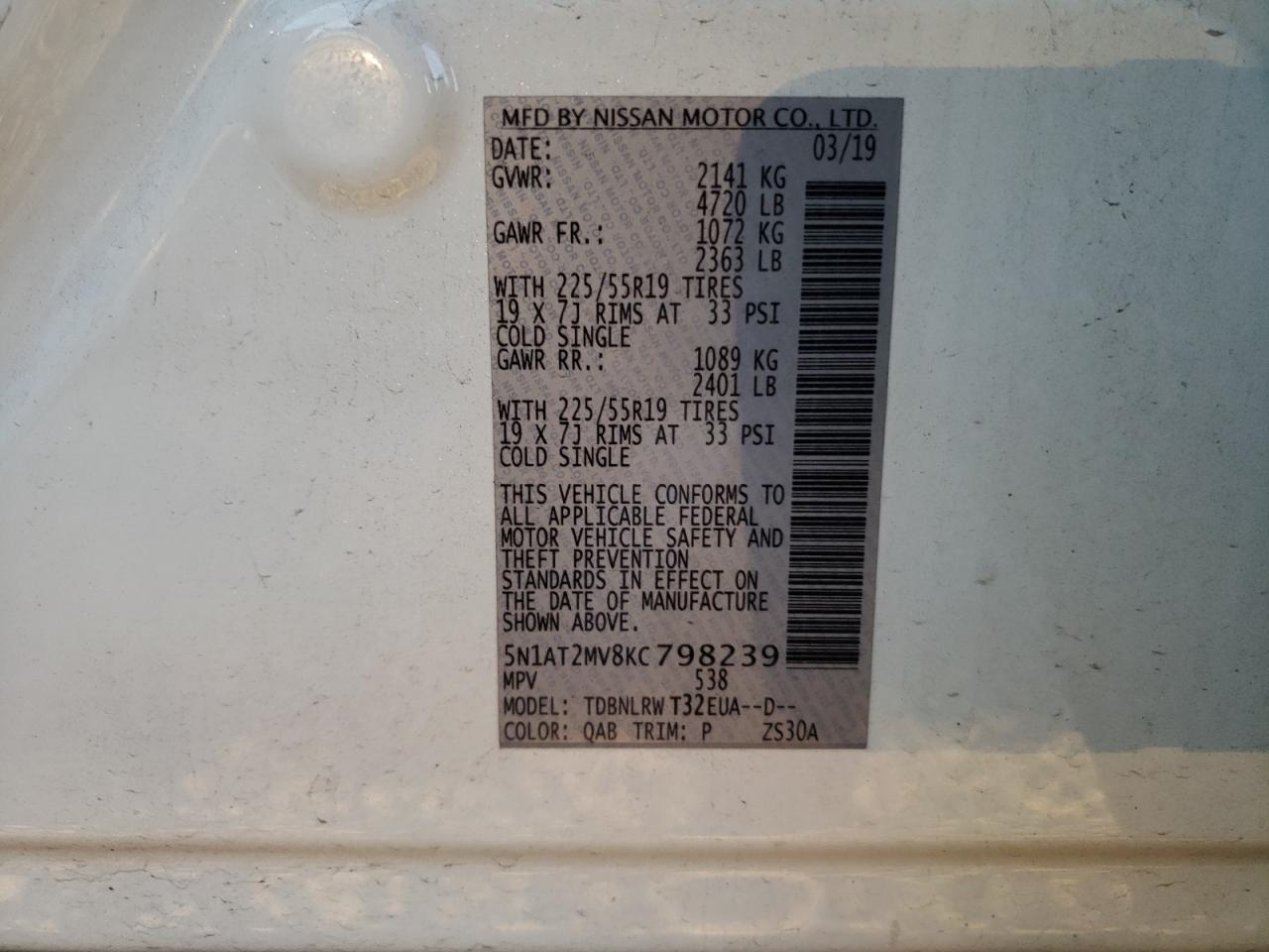 2019 Nissan Rogue S VIN: 5N1AT2MV8KC798239 Lot: 71517535