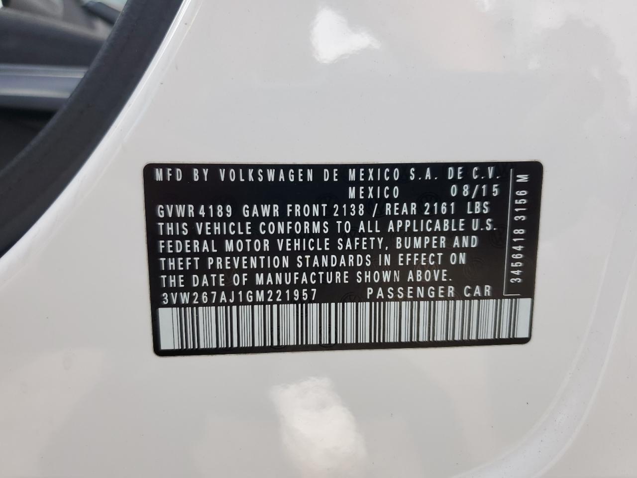 2016 Volkswagen Jetta S VIN: 3VW267AJ1GM221957 Lot: 80066485