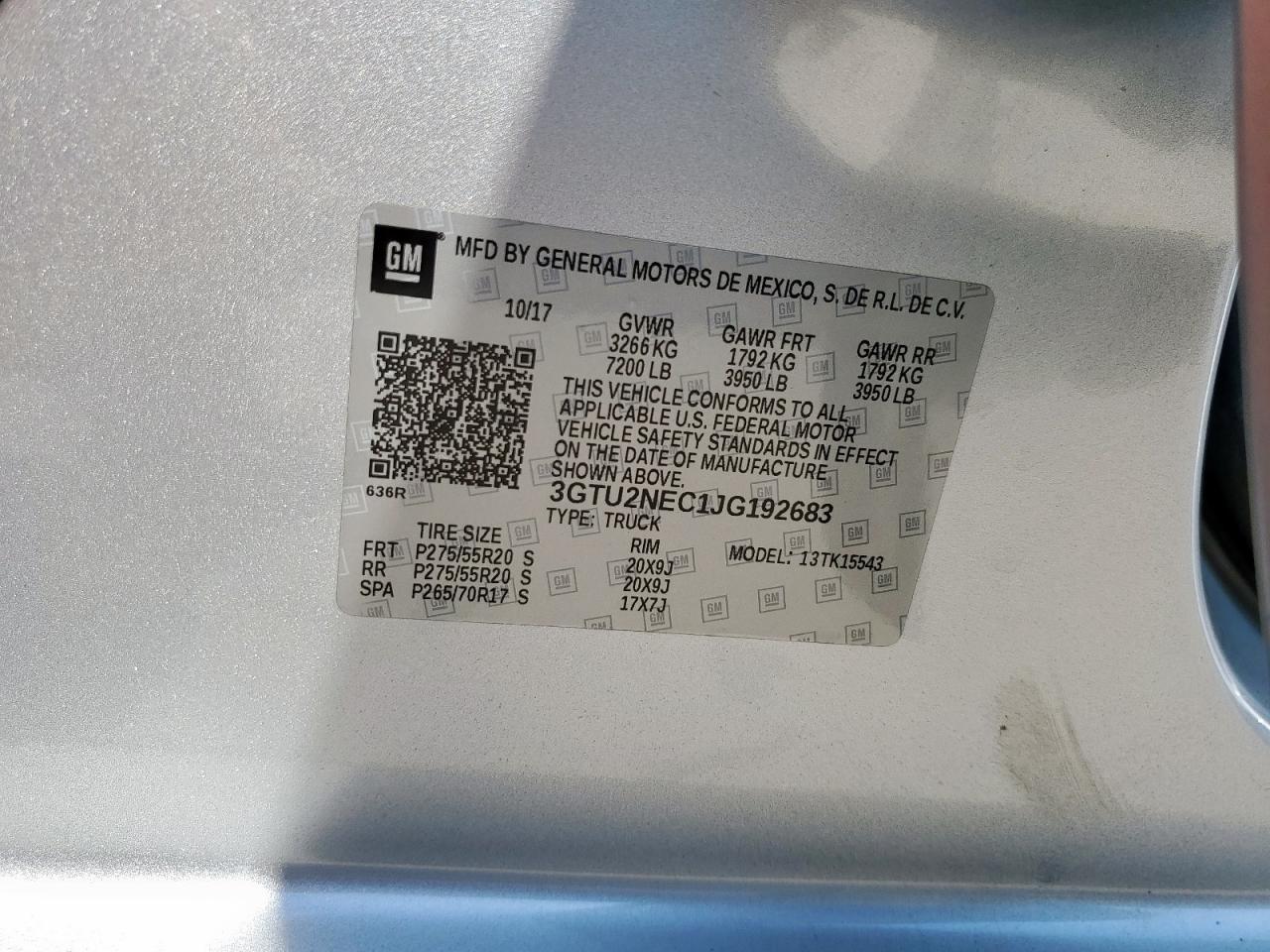 2018 GMC Sierra K1500 Slt VIN: 3GTU2NEC1JG192683 Lot: 71677575