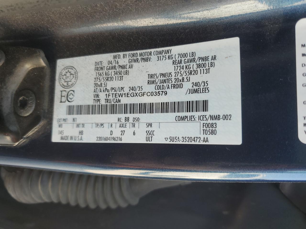 2016 Ford F150 Supercrew VIN: 1FTEW1EGXGFC03579 Lot: 81132525