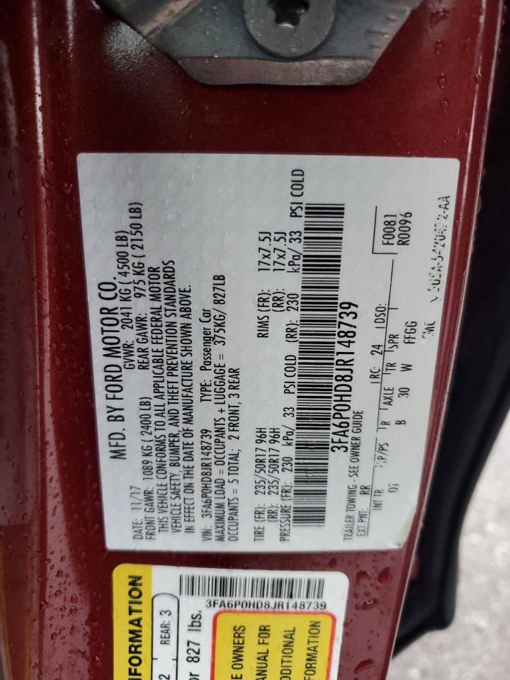 2018 Ford Fusion Se VIN: 3FA6P0HD8JR148739 Lot: 81799935