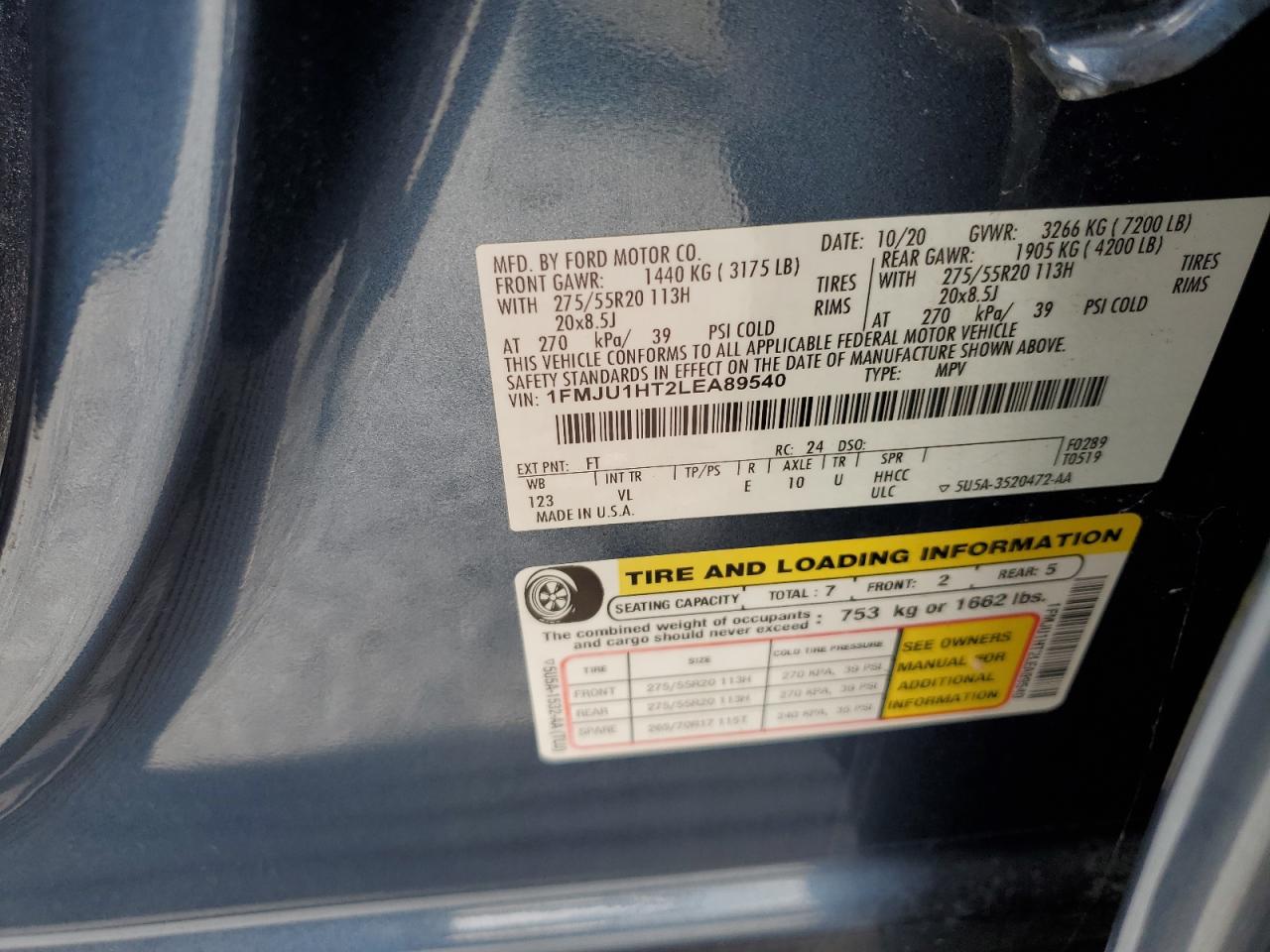 2020 Ford Expedition Xlt VIN: 1FMJU1HT2LEA89540 Lot: 71492575