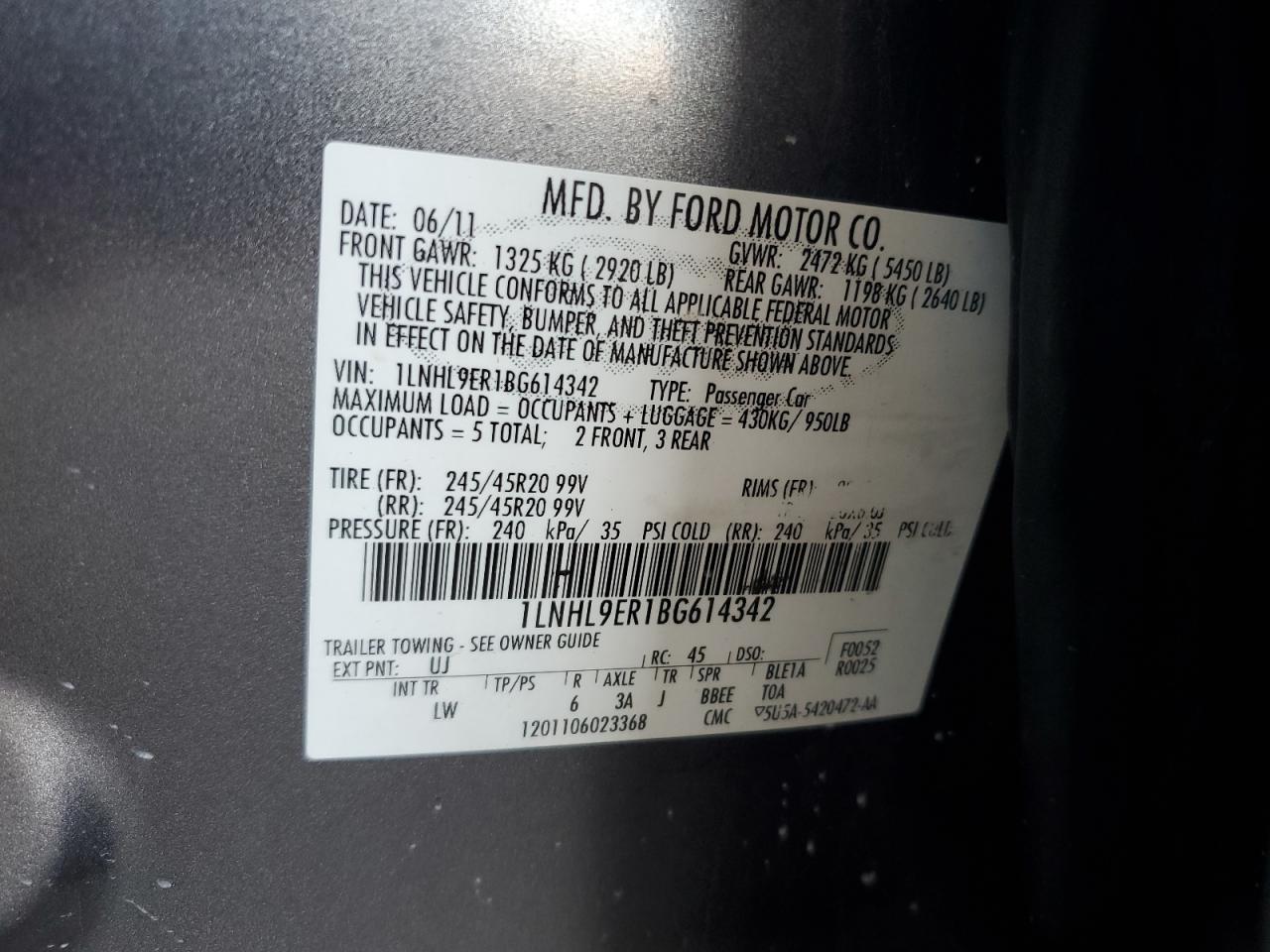 2011 Lincoln Mks VIN: 1LNHL9ER1BG614342 Lot: 71092385