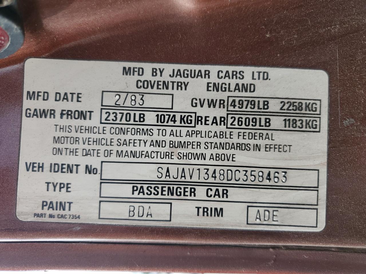 1983 Jaguar Xj6 VIN: SAJAV1348DC354846 Lot: 80012835