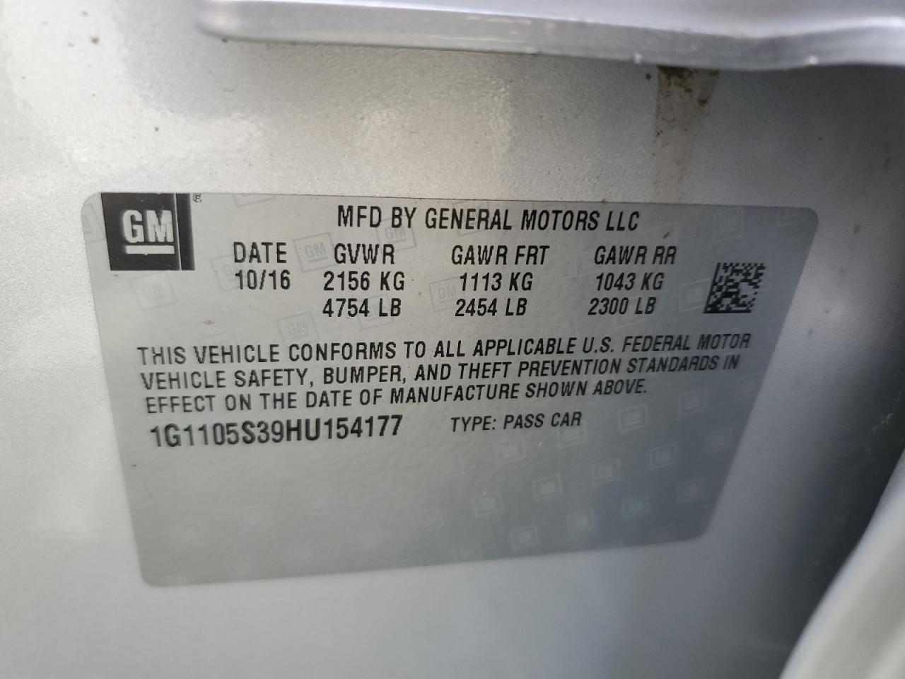 2017 Chevrolet Impala Lt VIN: 1G1105S39HU154177 Lot: 81923465