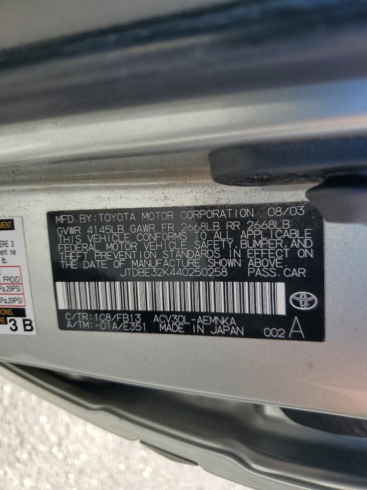 2004 Toyota Camry Le VIN: JTDBE32K440250258 Lot: 81090645