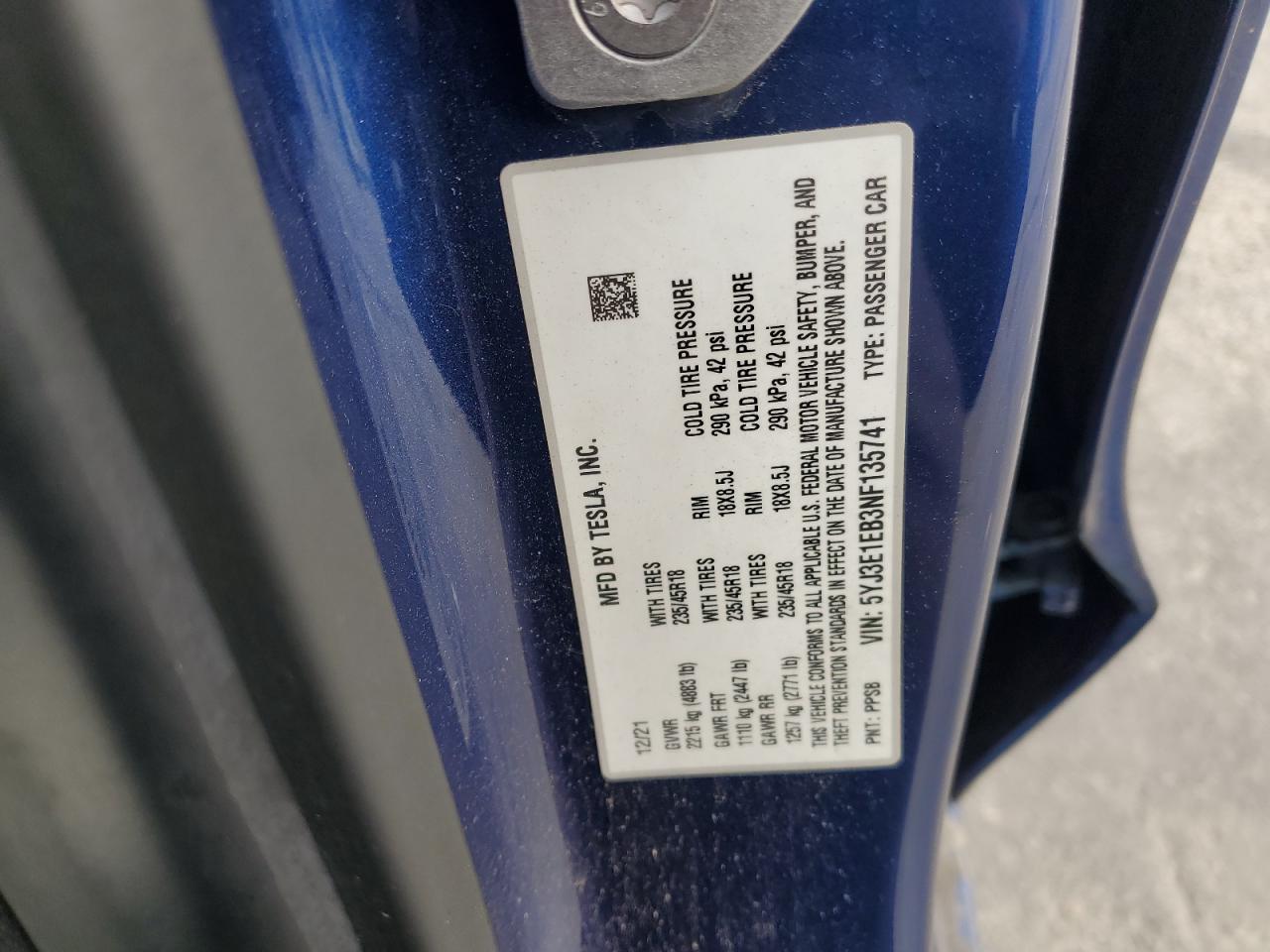 2022 Tesla Model 3 VIN: 5YJ3E1EB3NF135741 Lot: 83811305