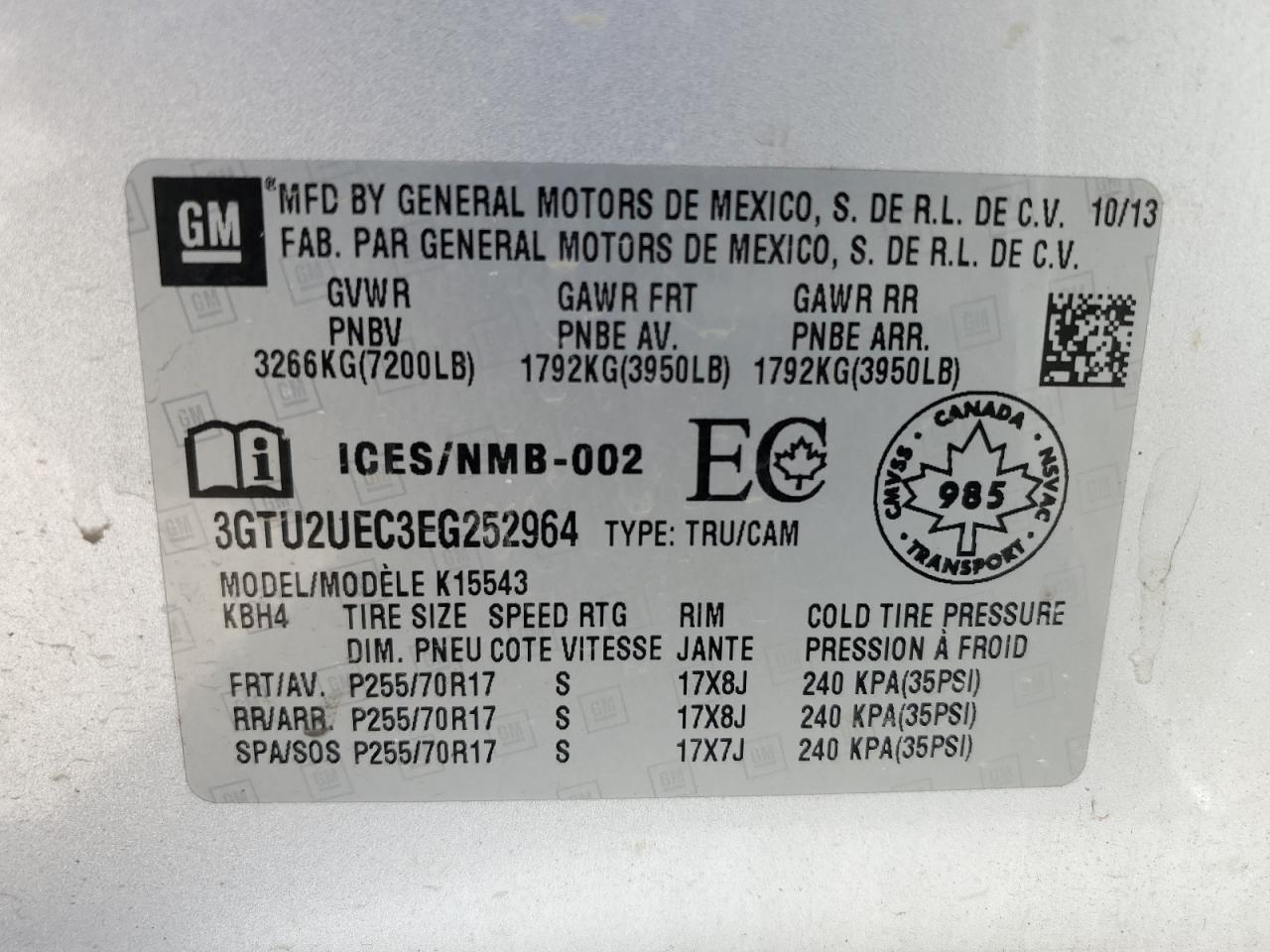 2014 GMC Sierra K1500 Sle VIN: 3GTU2UEC3EG252964 Lot: 71783635