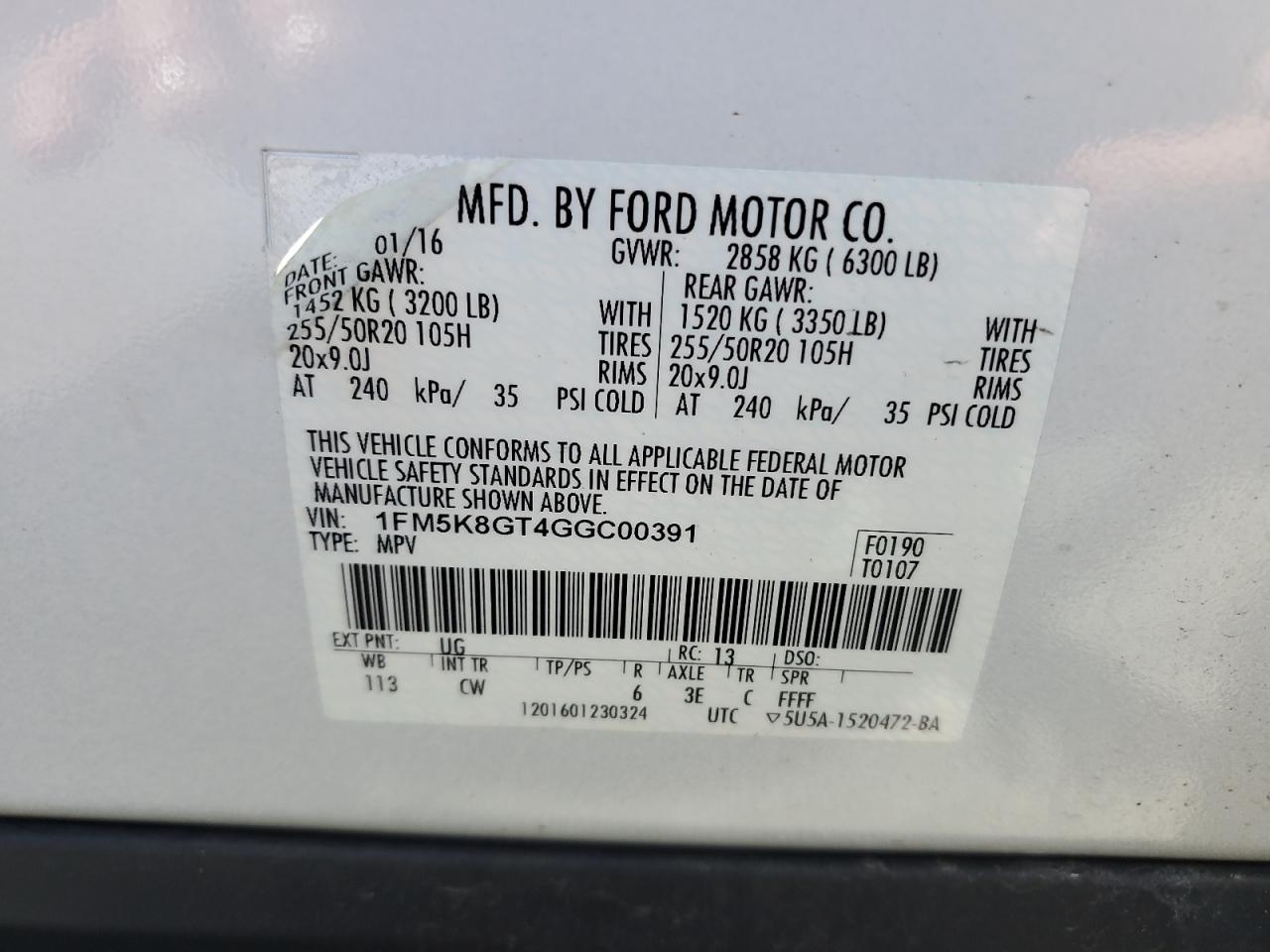 2016 Ford Explorer Sport VIN: 1FM5K8GT4GGC00391 Lot: 80286455