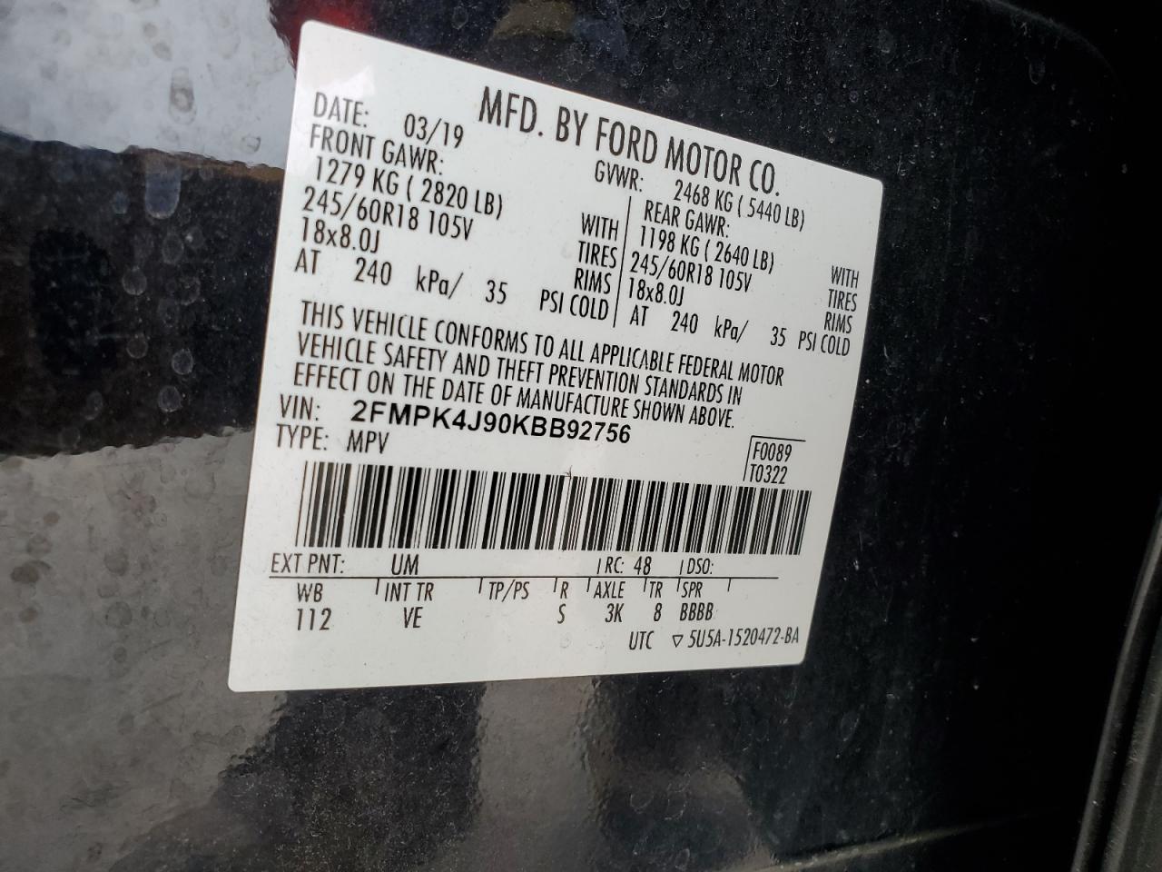 2019 Ford Edge Sel VIN: 2FMPK4J90KBB92756 Lot: 81907865