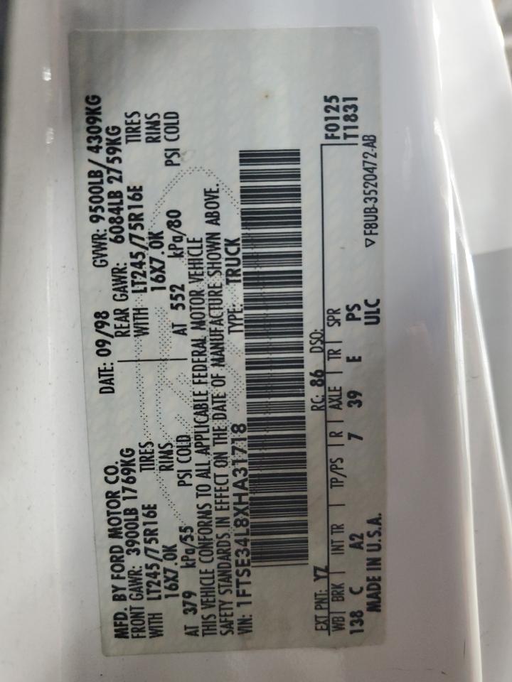 1999 Ford Econoline E350 Super Duty Van VIN: 1FTSE34L8XHA31718 Lot: 69950885