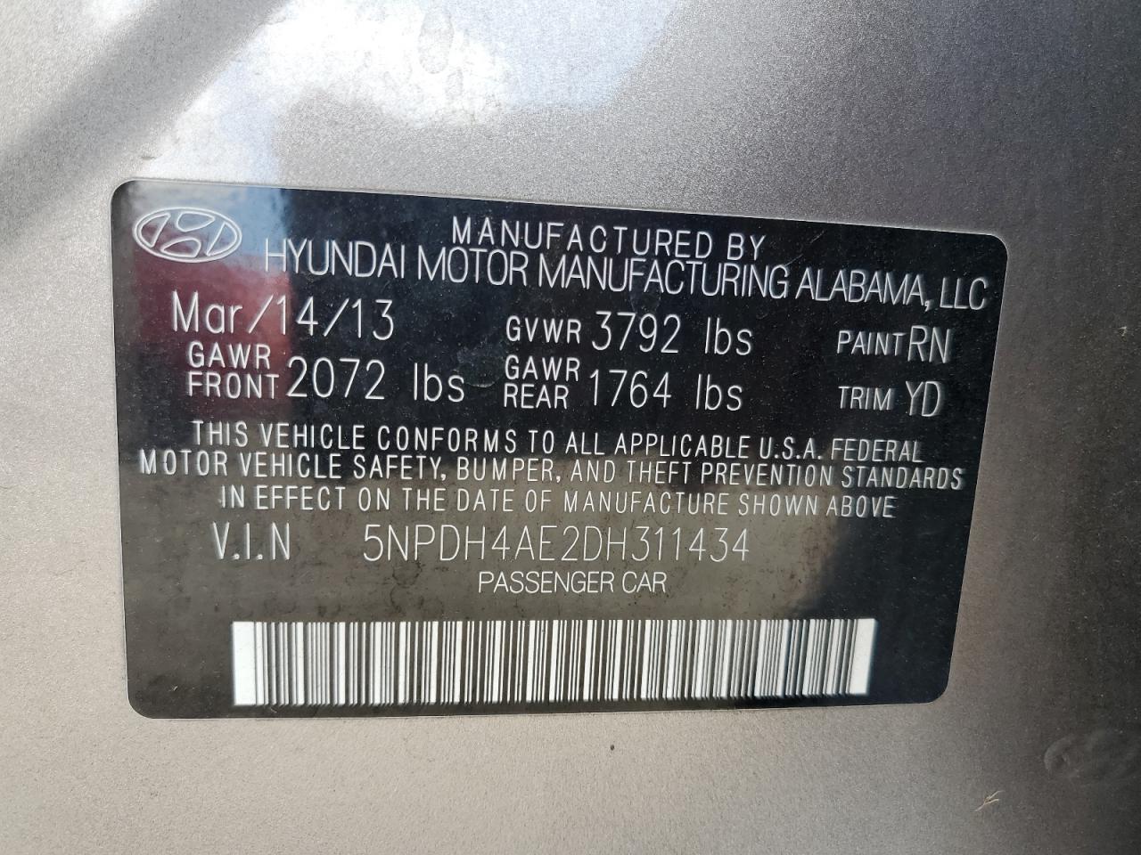 2013 Hyundai Elantra Gls VIN: 5NPDH4AE2DH311434 Lot: 81088885