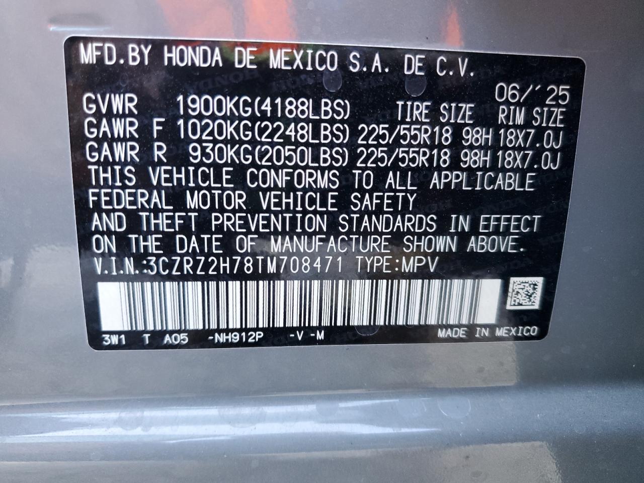 2026 Honda Hr-V Exl VIN: 3CZRZ2H78TM708471 Lot: 81207265