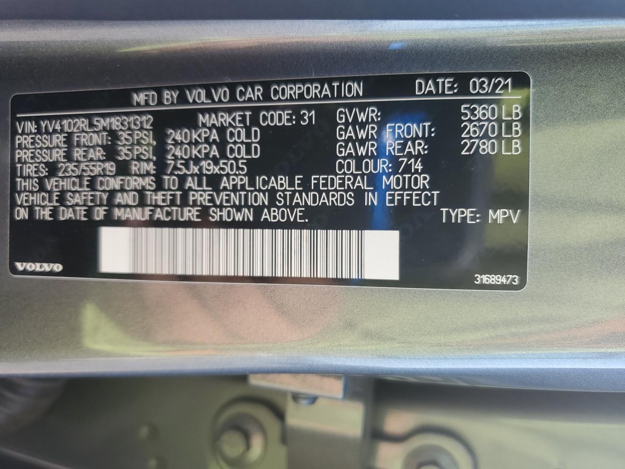 2021 Volvo Xc60 T5 Inscription VIN: YV4102RL5M1831312 Lot: 80341085