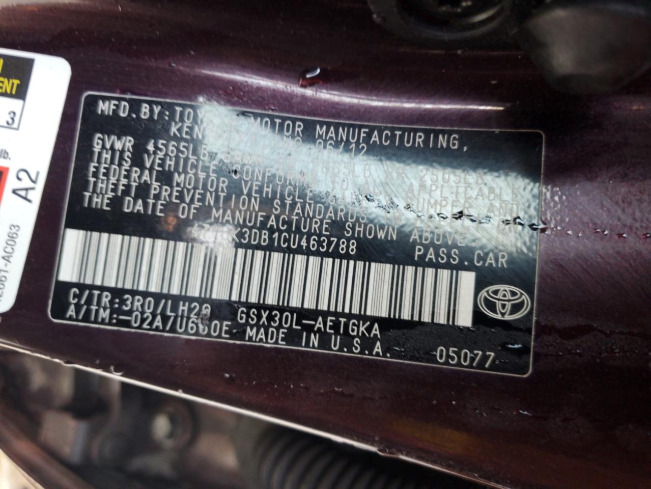 2012 Toyota Avalon Base VIN: 4T1BK3DB1CU463788 Lot: 71272975