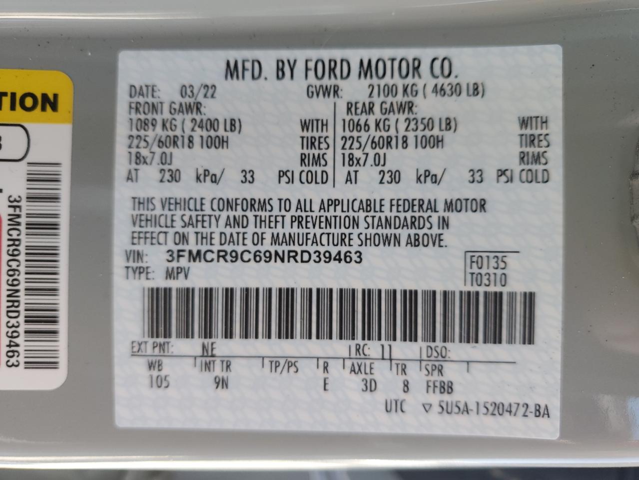 2022 Ford Bronco Sport Outer Banks VIN: 3FMCR9C69NRD39463 Lot: 71890025