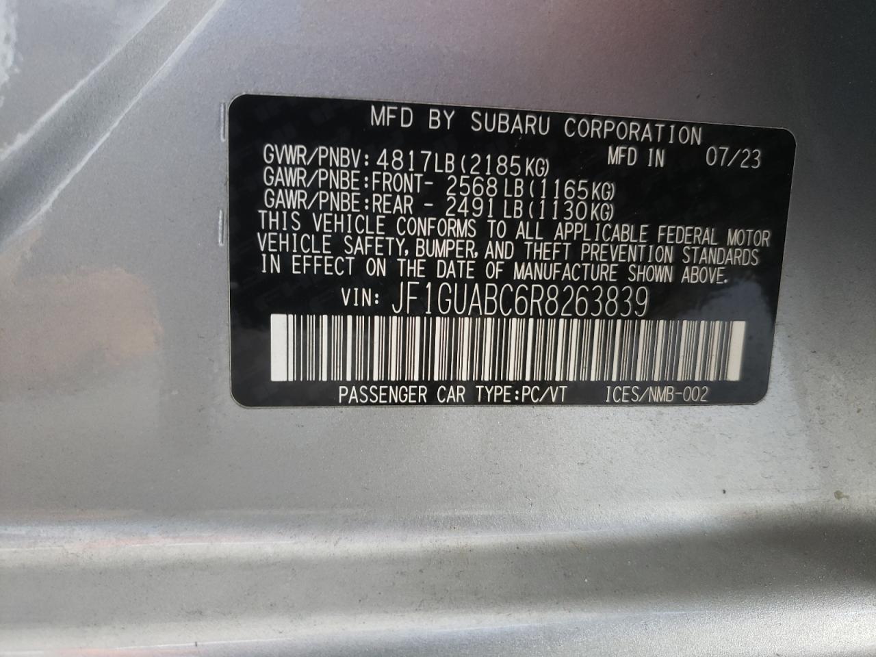 2024 Subaru Impreza VIN: JF1GUABC6R8263839 Lot: 84478265