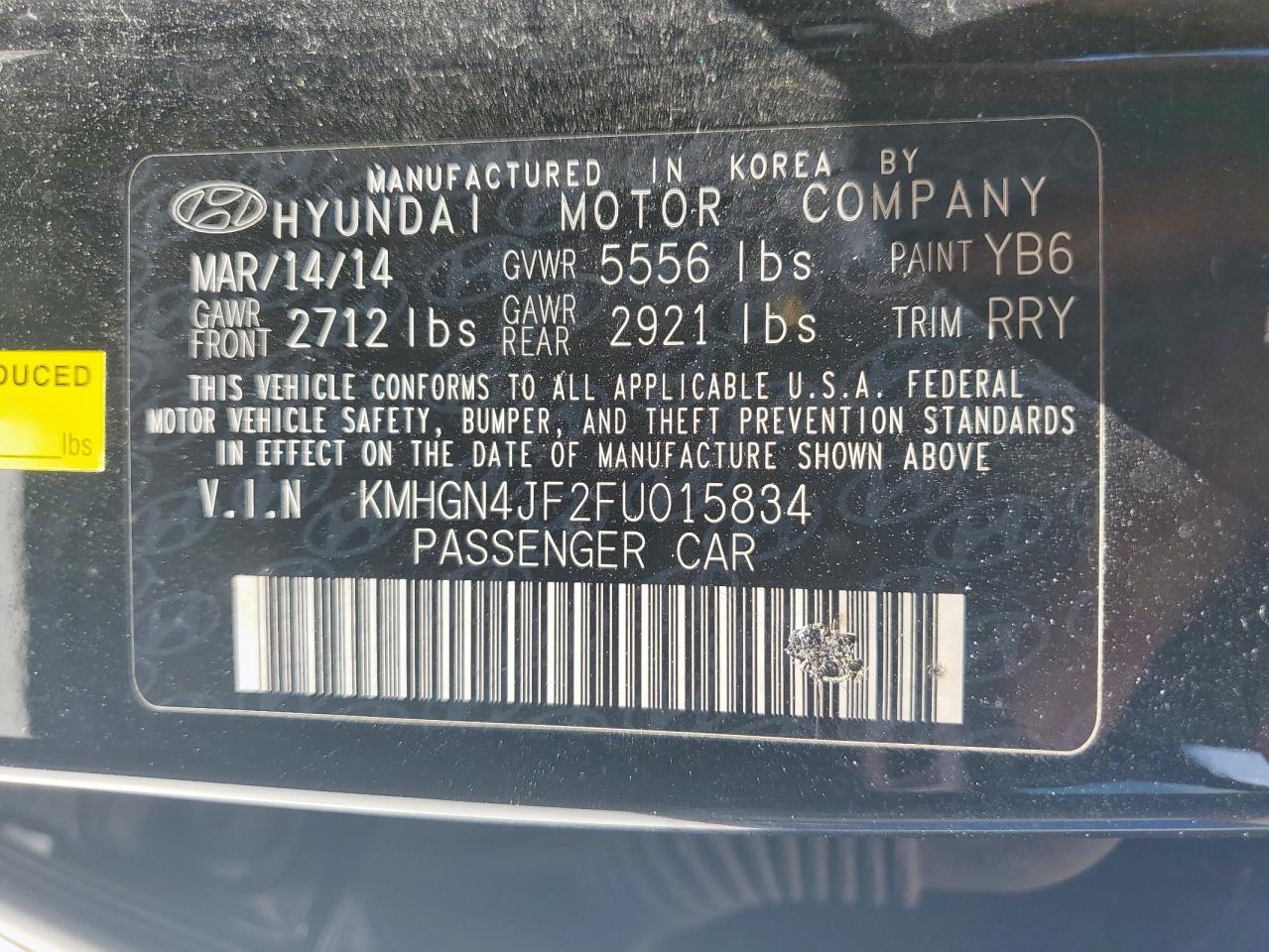 2015 Hyundai Genesis 5.0L VIN: KMHGN4JF2FU015834 Lot: 83828255