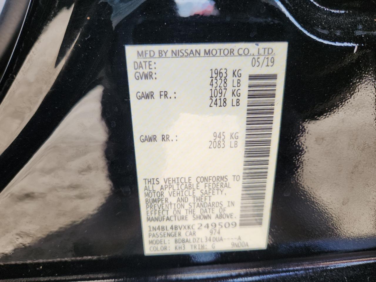 2019 Nissan Altima S VIN: 1N4BL4BVXKC249509 Lot: 81900645