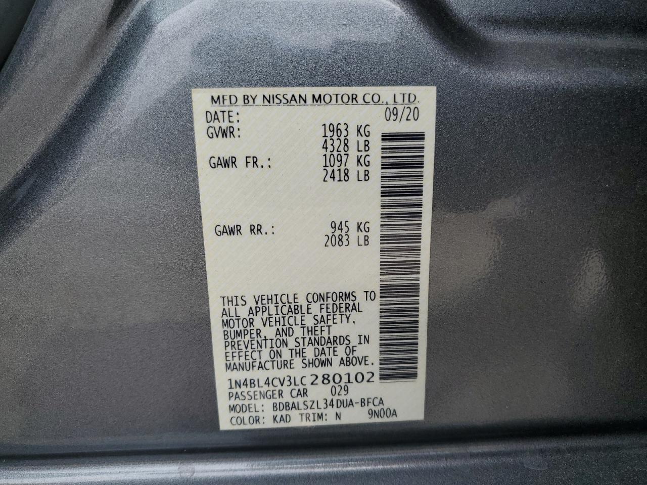 2020 Nissan Altima Sr VIN: 1N4BL4CV3LC280102 Lot: 81165575