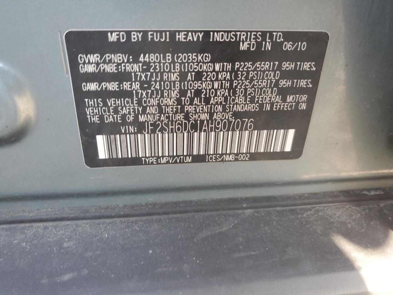 2010 Subaru Forester 2.5X Limited VIN: JF2SH6DC1AH907076 Lot: 80786655