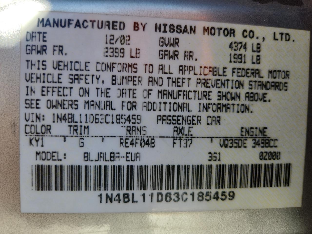 2003 Nissan Altima Se VIN: 1N4BL11D63C185459 Lot: 81679345