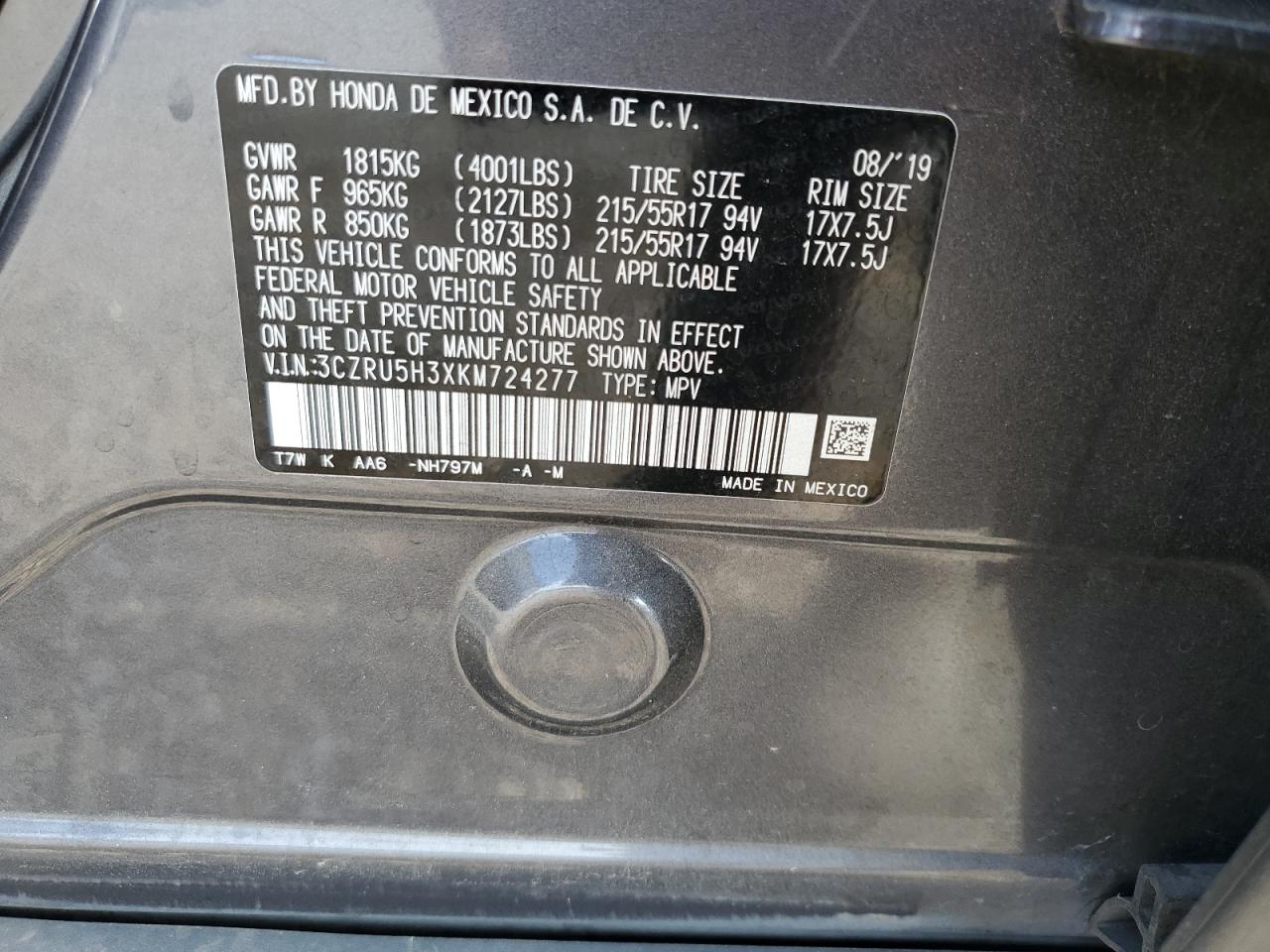 2019 Honda Hr-V Lx VIN: 3CZRU5H3XKM724277 Lot: 71209425