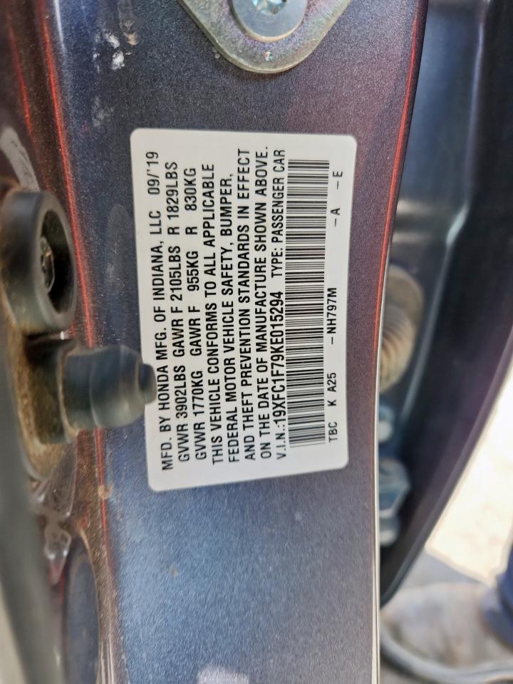 2019 Honda Civic Exl VIN: 19XFC1F79KE015294 Lot: 80133165