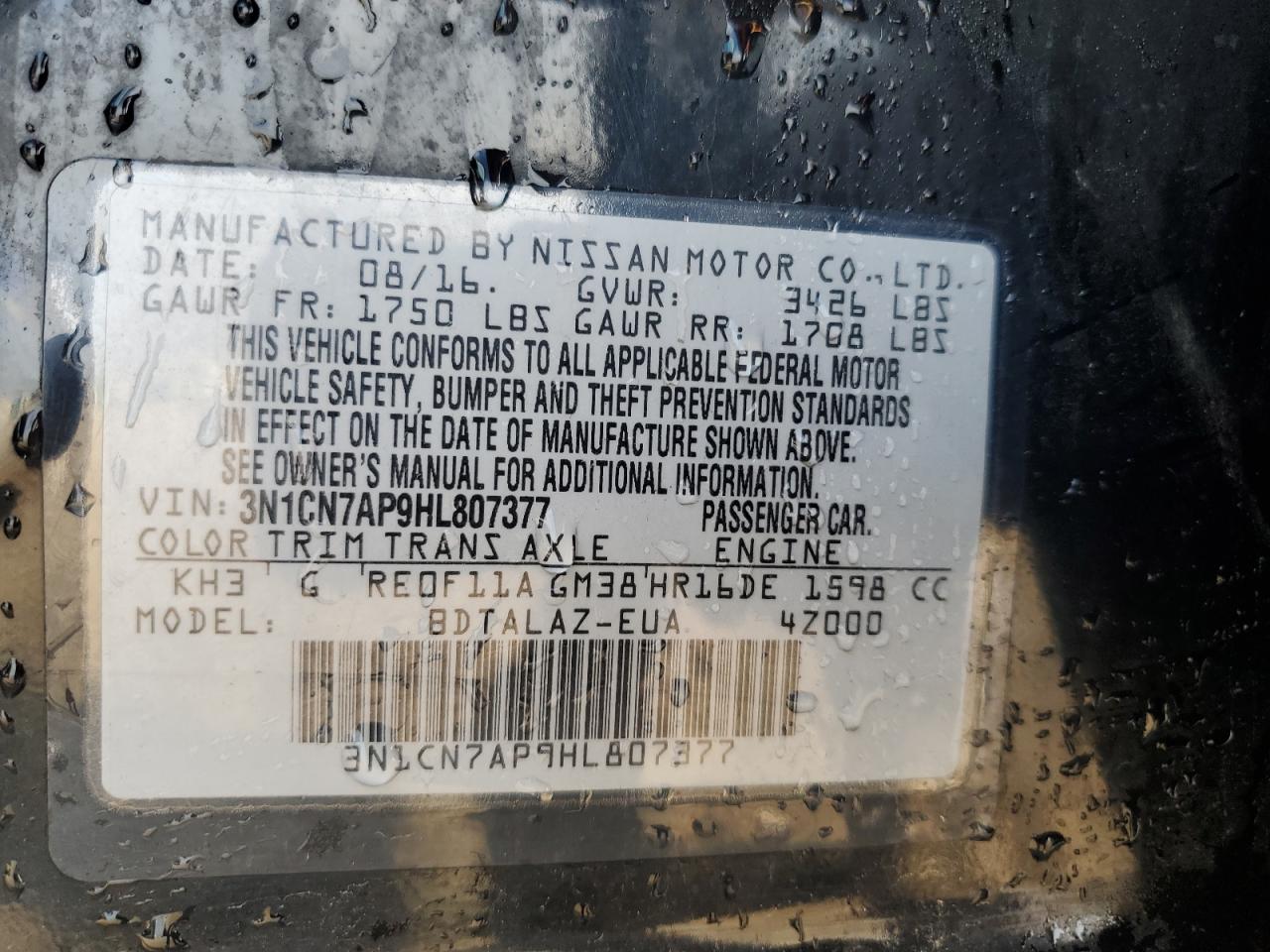 2017 Nissan Versa S VIN: 3N1CN7AP9HL807377 Lot: 82075355