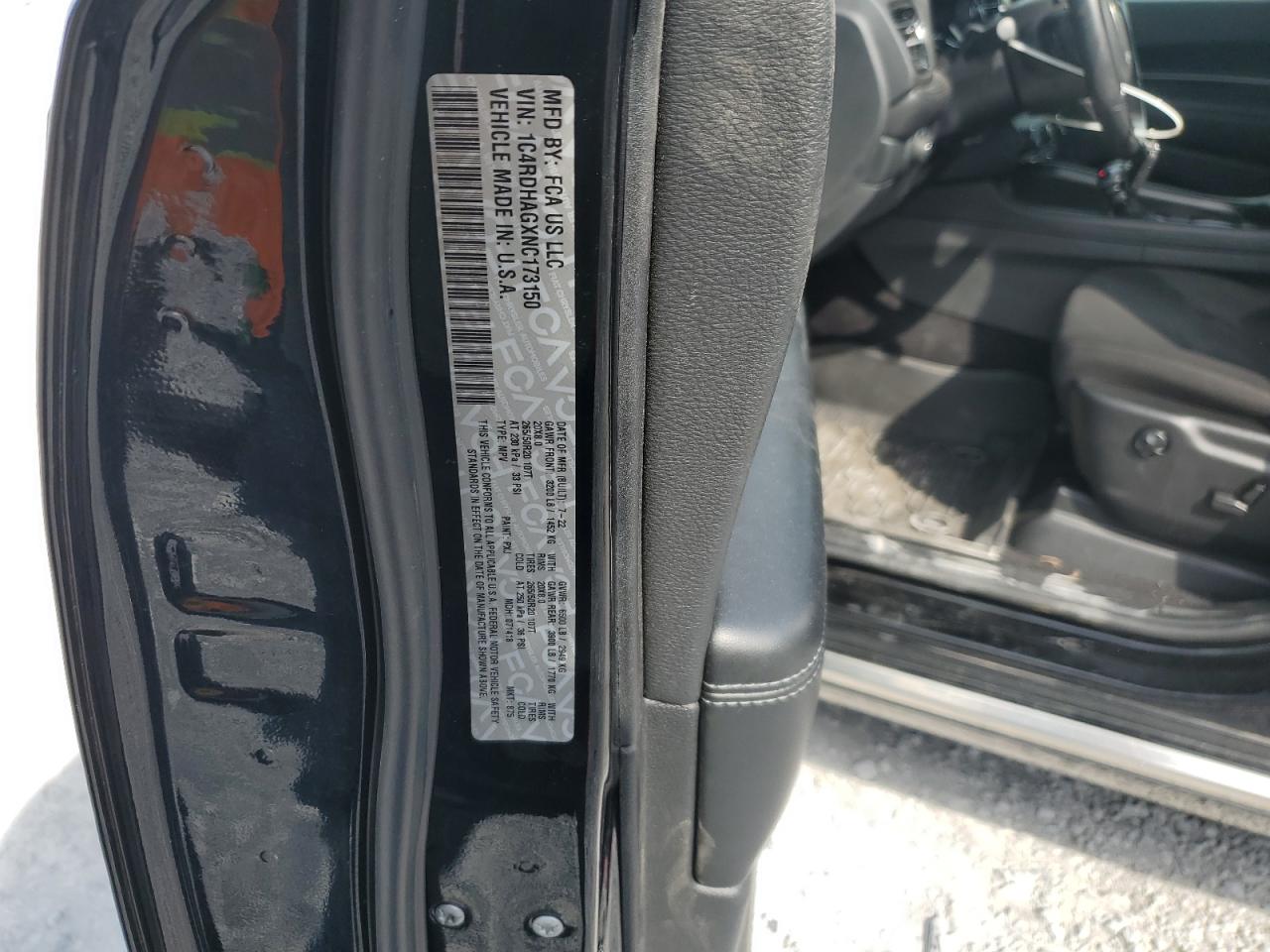 2022 Dodge Durango Sxt VIN: 1C4RDHAGXNC173150 Lot: 83926475